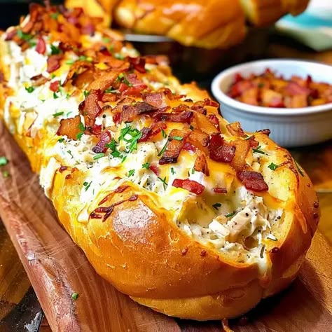 Chicken Bacon Ranch Stuffed Bread - Chicken Bacon Ranch Bread, Baked Lunch Ideas, Chicken Bacon Ranch Stuffed Bread, Ranch Sandwich, Chicken Bacon Ranch Sandwich, Stuffed Bread, Fun Dinner, Diner Recept, Supper Ideas