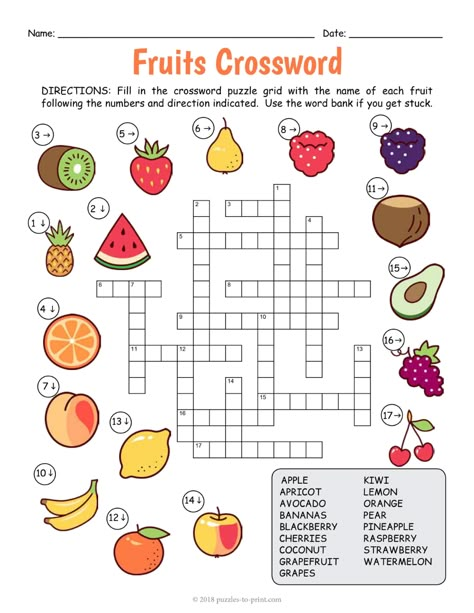 Food Crossword Worksheets, English Crosswords Worksheets, English Crosswords, Food Crossword, Crosswords For Kids, Fruit Worksheet, Crossword Puzzles Printable, Kids Crossword Puzzles, Printable Fruits