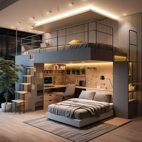 Loft Beds For Teens, Loft Beds For Small Rooms, Loft Style Bedroom, Beds For Small Rooms, Decor Ideas Bedroom, Modern Kids Bedroom, Boy Bedroom Design, Bunk Bed Designs, Teen Boy Bedroom