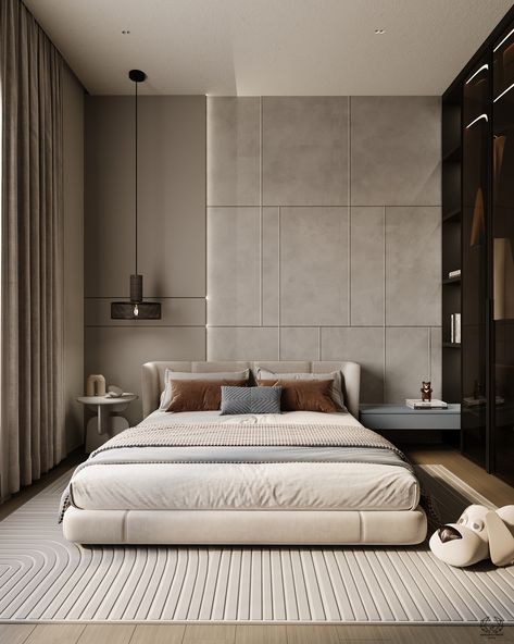 This modern bedroom seamlessly blends comfort and style. The peaceful bedroom has a comfortable bed, elegant wall panels, and soft, neutral colors. Adjacent, an interactive study space with a pegboard wall and rounded furniture adds a creative touch, resulting in the ideal combination of elegance and fun.

#homeDecor #Boy'sBedroom #modernInterior #bedroomDesign #contemporaryInterior Simple Japandi Bedroom, Neo Classical Bedroom, Modern Simple Bathroom, Pegboard Wall, Simple Bed Designs, Bedroom Design Modern, Rest And Recharge, Fresh Interior, Peaceful Bedroom