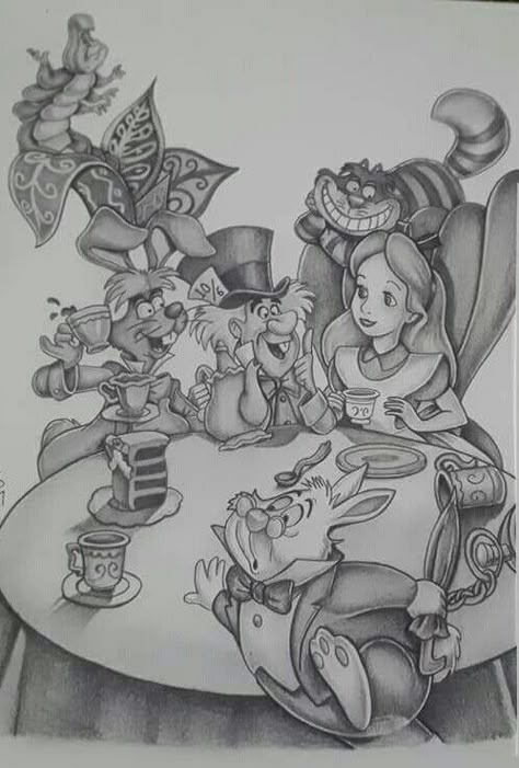 Alice I Wonderland Drawings, Alice In Wonderland Tattoo Black And White, Alice In Wonderland Tea Party Tattoo, Alice In Wonderland Tea Party Drawing, Alice In Wonderland Tattoo Ideas Sketches, Alice In Wonderland Sketches, Alice In Wonderland Sketch, Grayscale Drawing, Mad Hatter Drawing