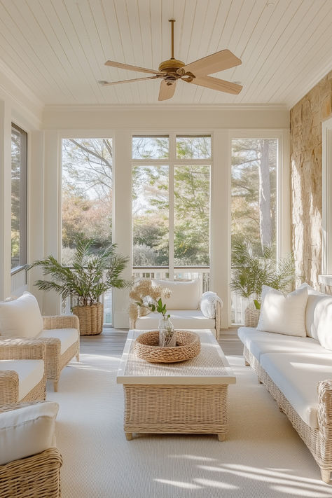 There’s something magical about a sunroom—comfortable seating, natural light, and the perfect blend of indoor and outdoor living. 🌿✨ These versatile spaces seamlessly connect your cozy interiors with the beauty of the outdoors, creating an inviting retreat for any time of day. Home Sunroom Ideas, Sunroom Doors Exterior, Conservatory Seating Ideas, Sunroom With Closet, Solarium Furniture Ideas, Sunroom Sitting Room, Southern Sunroom Ideas, Sunroom Modern Farmhouse, French Country Sunroom Ideas