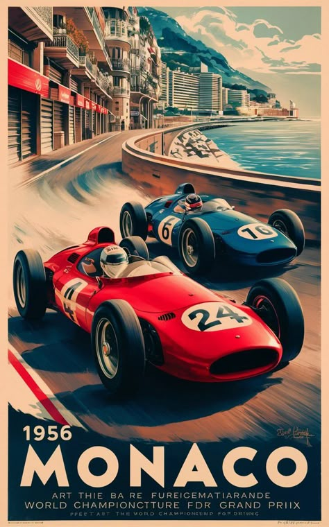 A captivating vintage poster for the 1956 Monaco Grand Prix, showcasing the unparalleled speed and glamour of this iconic racing event. Two sleek vintage racing cars are depicted racing past each other, one in striking red with the number "24" and the other in elegant blue with the number "16". The backdrop features the stunning architecture of Monaco, with its narrow streets and glittering Mediterranean Sea. The poster highlights the event date and its significance as part of the World Champion Vintage Car Posters Ferrari, Vintage Race Poster, Monaco F1 Poster, F1 Posters Vintage, Retro Racing Poster, Vintage F1 Poster, Vintage Car Posters, F1 Racing Poster, Retro Car Poster