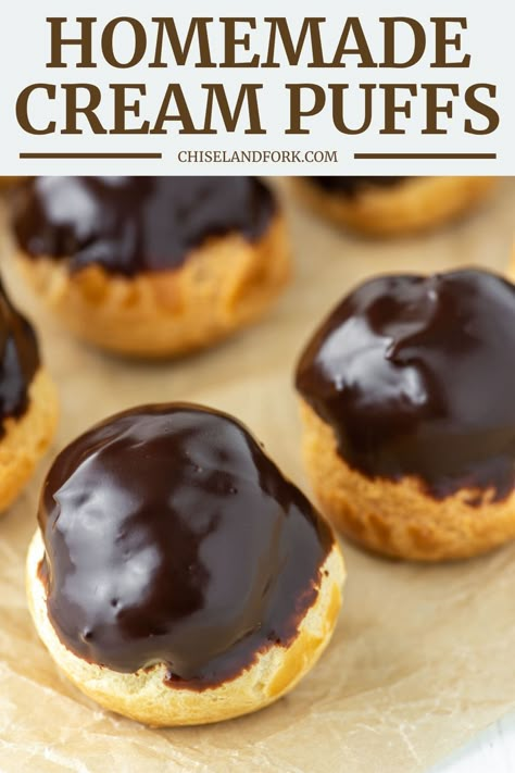 This homemade cream puffs recipe is made with a classic French choux pastry dough and filled with sweet vanilla pastry cream. #creampuffs #vanillacreampuffs #creampuffsrecipe #profiteroles | chiselandfork.com Cream Puff Fillings, Puffs Recipes, Pumpkin Bread Starbucks Copycat, Homemade Cream Puffs, Cream Puffs Recipe, Gluten Free Pumpkin Muffins, Healthy Pumpkin Bread, Keto Bread Recipes, Amaretti Cookies