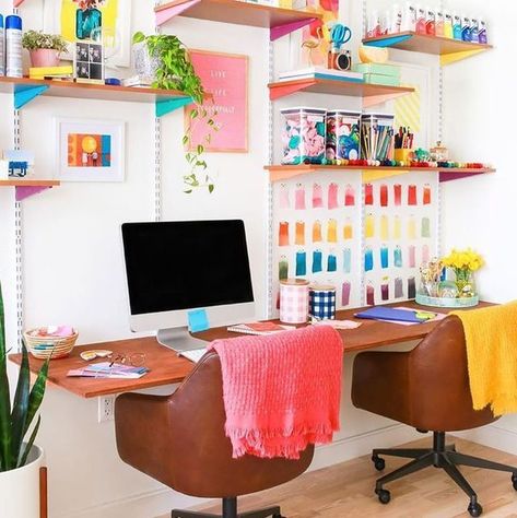 colorful and fun home office or remote working spaces to recreate in your home. Bureau Hack Ikea, Track Shelving, Work Desk Organization, Cozy Office Space, Ikea Desk Hack, Desk Hacks, All White Bedroom, Study Table Designs, Ikea Desk