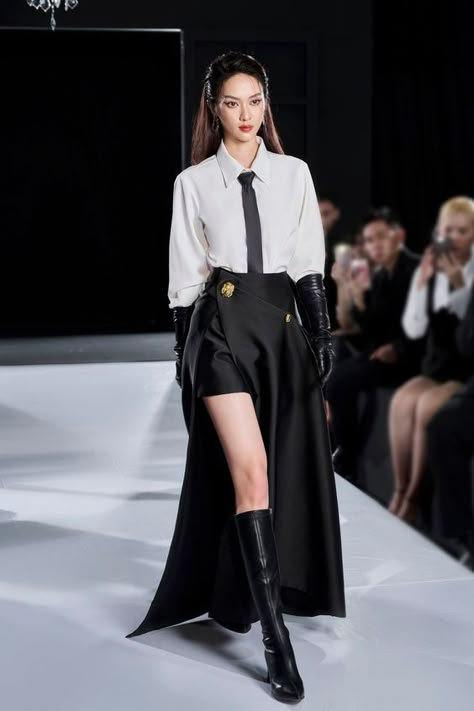 #FashionInspiration #StyleGoals #TrendyLooks #FashionistaFaves H Silhouette Fashion, Korean Fashion Designers, Names Of Clothing Styles, Asymmetrical Shirts For Women, Collared Shirt With Skirt, Edgy White Outfit, Modern Silhouettes Fashion, Powerful Outfits Women, Gala Fashion Women