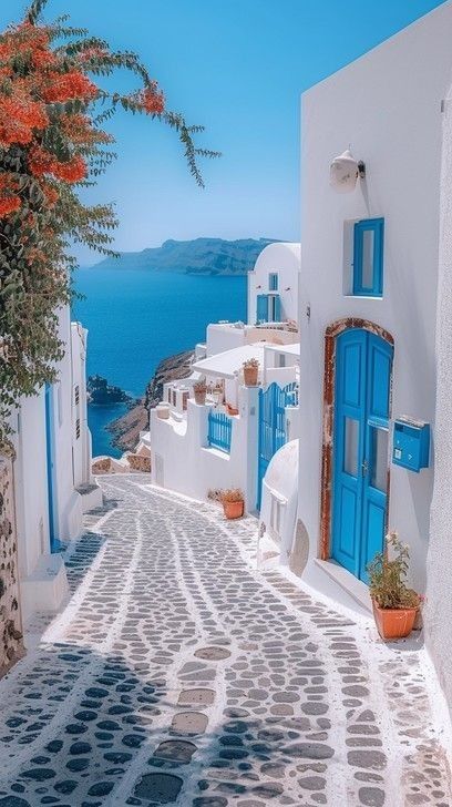 Greece White Buildings, Greece Buildings, Greece Blue And White, Blue And White Greece, Santorini Greece Beaches, Greece Room, Santorini Greece Aesthetic, Greek Streets, Greece Houses