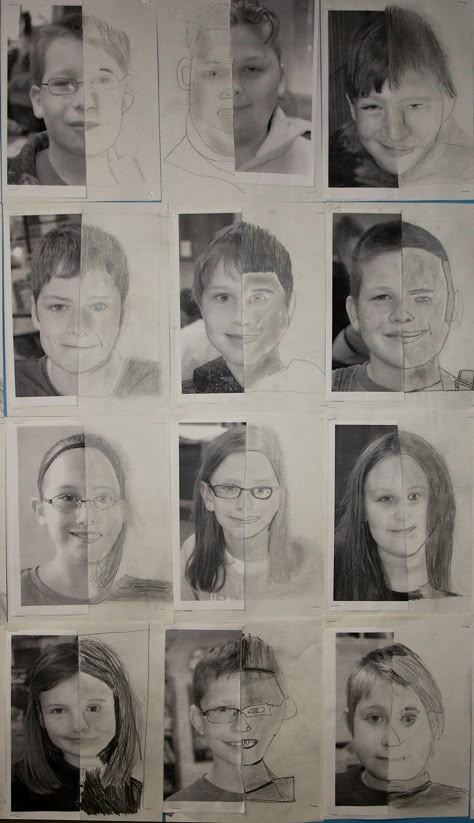 These self-portrait drawings by 5th graders were on display at the elementary school at the end of the school year, a nice tribute to the 5t... Trin For Trin Tegning, Self Portrait Drawing, Portrait Au Crayon, Classe D'art, Self Portrait Art, Middle School Art Projects, 6th Grade Art, 4th Grade Art, 5th Grade Art