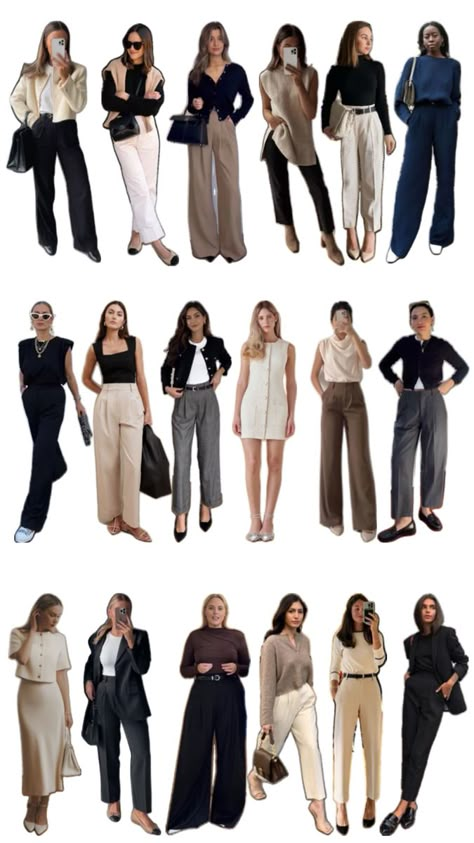 Classic Trendy Outfits, Best Office Outfits For Women, Youthful Classy Outfits For Petite Women, Ceo Wardrobe Women, Chic Sophisticated Outfits, Classic Modern Outfits For Women, Classy Formal Outfits For Women, Staples For Wardrobe, Beige Trousers Outfit Winter