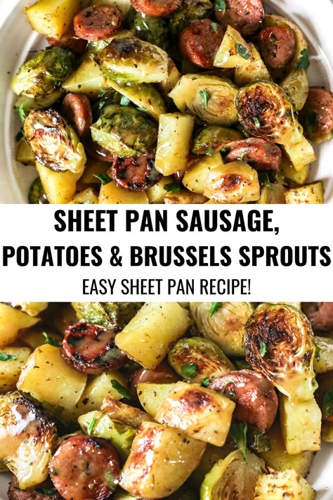 sausage potatoes and brussels sprouts sheet pan meal One Pan Chicken Sausage And Vegetables, Roasted Sausage And Vegetables, Chicken Sausage Sheet Pan Dinner, Brussels Sprouts Sheet Pan, Chicken Sausage Sheet Pan, Breakfast For Dinner Ideas, Sheet Pan Sausage, Easy Vegetables, Easy Sheet Pan Dinners