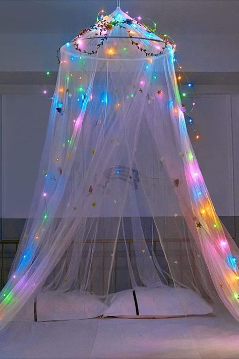 Curtains With Led Lights, Diy Princess Room Decor, Bedroom Ideas Without Bed, Girls Room Bed, Diy Princess Room, Bed Canopy Curtains, Mosquito Net Diy, Bed Canopy With Lights, Girls Room Accessories