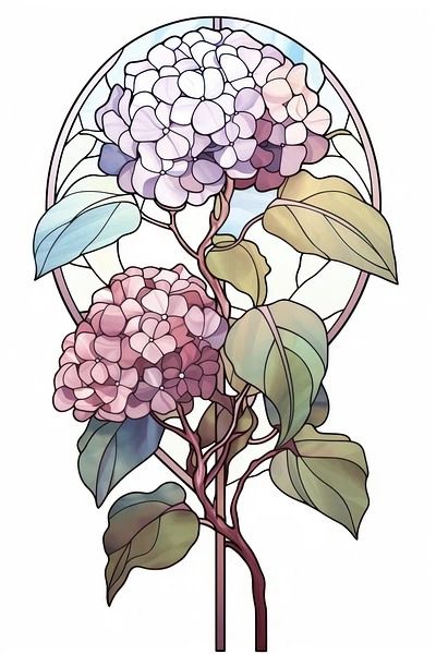 Glass Hydrangea art hydrangea stained | Premium Photo Illustration - rawpixel Art Nouveau Hydrangea, Stained Glass Hydrangea, Hydrangea Stained Glass Pattern, Glass Art Reference, Art Nouveau Stained Glass Patterns, Flower Stained Glass Patterns, Hydrangea Drawing, Hydrangea Illustration, Hydrangea Aesthetic