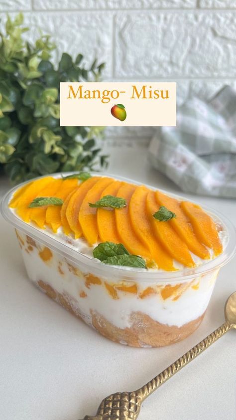 235K views · 10K reactions | ✨ Mango Misu ✨ We’ve had enough of coffee desserts and the signature Tiramisu, it’s time we drop everything and level up with Mango-Misu! This one is beautiful layered with fresh cream, mangos and crumbly cookie which puts you in a fruity trance and makes you seize every last bit of the mango season! Recipe: -1 cup mascarpone cream -1 cup whipping cream -1/2 cup icing sugar -1 teaspoon vanilla extract -1/2 cup mango juice -layer ladyfinger biscuits -2 large ripe mangoes Garnish: -freshly sliced mangoes -mint leaves 💛 You can use rusk in case you can’t make lady finger biscuits and cream cheese as a close alternative for mascarpome cheese. 💛 You can also use store-bought mango juice to avoid the extra effort of making it at home. 💛 You can add some m Mango Misu, Finger Biscuits, Wipped Cream, Mango Graham, Mango Float, Coffee Desserts, Mascarpone Cream, Mango Juice, Coffee Dessert