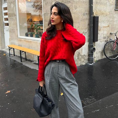 Wide leg wool-flannel suit trousers Red Pullover Sweater, Sweaters Women, Flare Long Sleeve, Red Pullover, Winter Chic, Loose Pullover, Red Sweater, Pullover Sweater Women, Women Sleeve