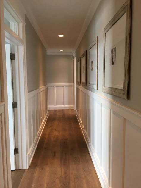 White Board And Batten Hallway, Panelled Corridor, Hallway Makeover, Hallway Walls, Narrow Hallway Decorating, Home Hall Design, Hallway Designs, Hallway Design, Hallway Wall