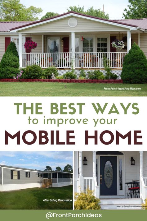 Do you want to improve your mobile home? If you're looking for mobile home hacks to improve its curb appeal, then this post is for you. Give your mobile home an exterior makeover with these top tips. Trailer Curb Appeal, Porch Designs For Mobile Homes, Exterior Manufactured Home Remodel, Modular Home Exterior Makeover, Mobile Home Walkway Ideas, Exterior House Colors Mobile Home, Florida Mobile Home Exterior Colors, Mobile Home Curb Appeal On A Budget, Double Wide Mobile Home Exterior Makeover