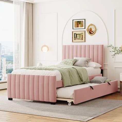 Velvet Upholstered Platform Bed with Twin Size Trundle - Bed Bath & Beyond - 39650586 Full Trundle Bed Kid Bedrooms, Kids Full Trundle Bed, Girls Full Bed, Pink Twin Bed Frame, Full Bed With Trundle, Twin Xl Trundle Bedto King Bed, Trundle Bed Kids, Platform Bed With Trundle, Trundle Bed Full Size 300$