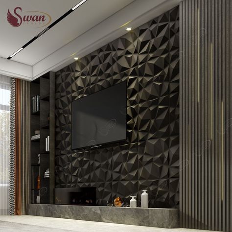 Wallpanel 3d Living Room, Black Wall Panel, Pvc Wall Panels Designs, Wall Cladding Designs, Box Installation, Black Feature Wall, Kitchen Tv, Cladding Design, Tv Wand