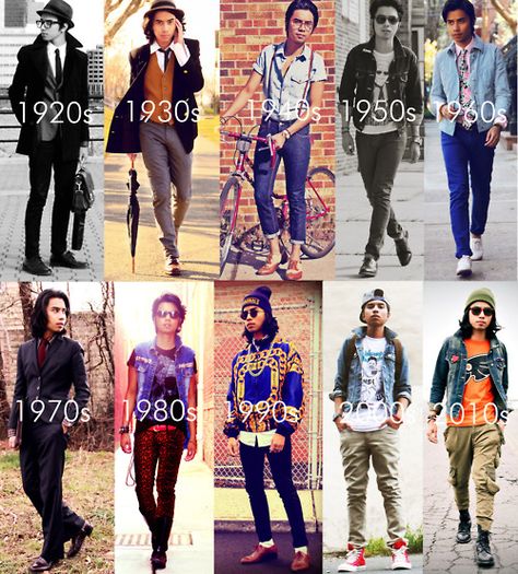 Hipster Style through the ages. Decade Outfits, Decades Outfits, Decades Day Outfits, Fashion History Timeline, Fashion For Guys, University Outfit Ideas, Fashion Knowledge, Fashion Through The Decades, Decades Fashion