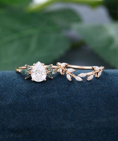 "Pear Lab Diamond Engagement ring set Vintage rose gold moss agate ring leaf Branch Marquise Moissanite wedding ring set Anniversary gift -----Ring Information----- Engagement ring +Center stone: 6*8mm Lab Diamond (Color: DEF, Clarity: VS) +Cut type: Pear shaped +Side Stone: Moss agate Approx weight: 0.3ctw Wedding band  +Stones: Natural Diamonds or Moissanite Approx weight: 0.31ctw Metal : Solid 14k/18k yellow gold white gold or rose gold, other metal or gemstones, please contact me! Click on t Marquise Cut Wedding Rings, Opal Engagement Ring Set, Moonstone Engagement Ring Set, Morganite Engagement Ring Set, Moissanite Wedding Ring Set, Vintage Rose Gold, Lab Diamond Engagement Ring, Moonstone Engagement, Moss Agate Ring