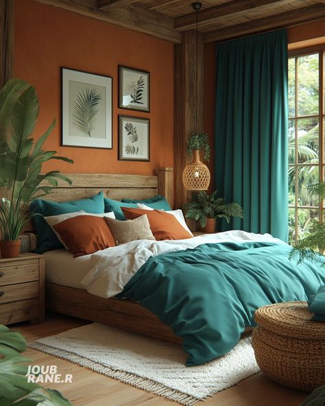 Green Blue And Orange Bedroom, Teal And Natural Bedroom, Bedroom Inspirations Turquoise, Terracotta Teal Bedroom, Terra Cotta And Teal Bedroom, Teal Bedroom Inspirations, Interior Color Schemes Bedroom, Teal And Terracotta Bedroom, Teal Walls Bedroom