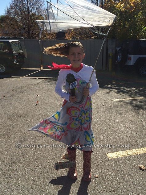 Dress Like The Weather Costume, Weather Girl Costume, Wind Blown Costume, Wind Halloween Costume, Weather Reporter Costume, Weather Woman Costume, Wind Costume Ideas, Costumes With Umbrellas, Weather Man Costume