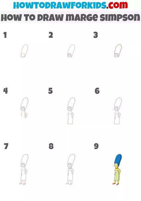 How To Draw Marge Simpson Step By Step, The Simpsons Drawings Easy, Marge Simpsons Drawings, Complete The Drawing, Draw Cartoons, Uñas Ideas, Simpsons Drawings, Cartoon Drawing Tutorial, How To Draw Steps