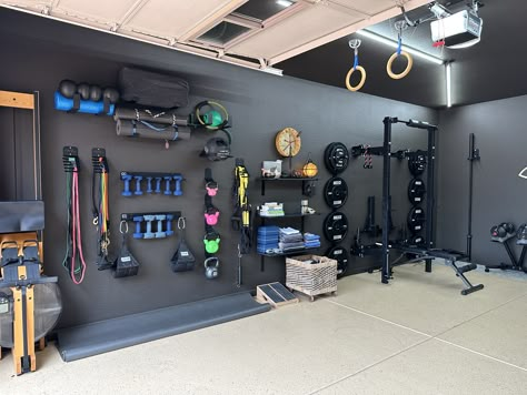 Garage Gym Combo, Minimal Garage Gym, Garage Half Gym Half Workshop, Garage Gym Ideas Black Walls, Garage Gym With Turf, Half Gym Half Garage, Workout Room Ideas Home Garage, Garage Gym With Storage, Garage Gym Inspiration