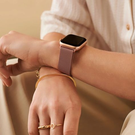 Milanese Loop Apple Watch Band Our Milanese Apple Watch band offers a touch of sophistication and class on your wrist. Inspired by designs created in Milan in the late 19th century, this Milanese mesh bracelet is a timeless work of art. Its metal buckle gently wraps around the wrist, offering a minimal and sophisticated look . Thanks to its magnetic closure system , you can adjust the strap precisely for personalized comfort. #aunomay #watchband #applewatch Apple Watch Stand, Rose Gold Apple Watch, Apple Watch Series 8, Valentines Gift Guide, Gold Apple Watch, Gadget Shop, Resin Bracelet, Vintage Rose Gold, Gold Apple