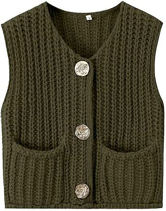 Women Crochet Knit Sweater Vest Button Up Cropped Casual Sleeveless Vest Fashion Vintage Cardigan with Pocket Vintage Crochet Cardigan, Cropped Crochet Vest, Knitted Vest Patterns, Vest Knitting Patterns For Women, Knitted Vest Patterns Free For Women, Crochet Sleeveless Cardigan, Knitting Patterns Vest, Vest Knitting Patterns, Chunky Vest