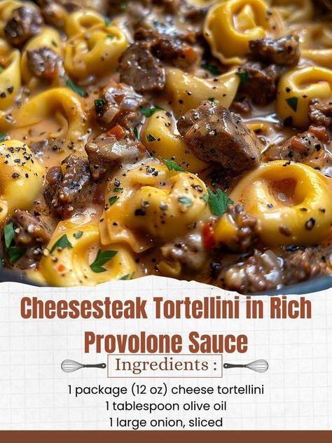 Steak Tortellini, Salty Recipes, Noodle Recipes Easy, Italian Pasta Dishes, Sliced Steak, Cheese Steak, Pizza Recipes Homemade, Cheese Tortellini, Sauteed Veggies