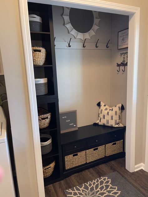 Open Closet Front Entry, Hall Closet Mudroom Makeover, Entryway Closet Into Mudroom, Entryway From Garage To House, Open Closet Ideas Entryway, Entryway Ideas Closet, Open Hallway Closet Ideas, Hallway Cabinet Makeover, Entry Closet Organization Ideas