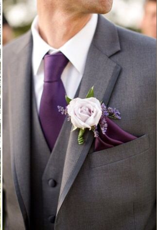 Grooms attire in plum and charcoal grey Suits Men Purple, Grey Fall Wedding, Groomsmen Attire Grey, Purple Groomsmen, Gray Wedding Colors, Fall Wedding Color Schemes, Plum Wedding, Groom Wedding Attire, Purple Wedding Theme