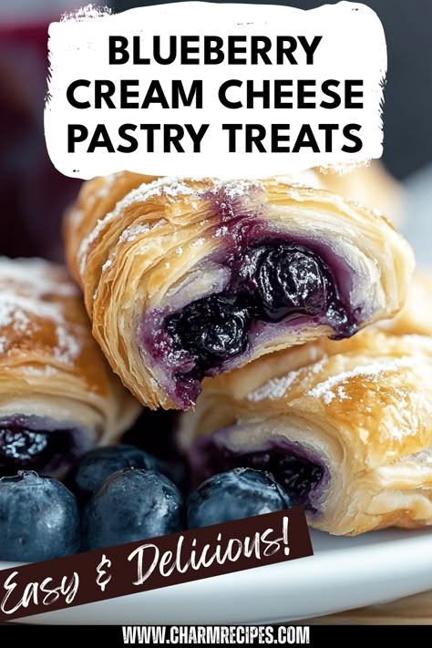 Enjoy these delightful blueberry cream cheese puff pastry treats for a quick dessert or snack! Made with flaky, golden pastry and sweet cream cheese filling, while juicy blueberries add a burst of flavor in every bite. Perfect for breakfast or dessert, these small pastries are easy to prepare and simply delicious. Serve them warm or let them cool and enjoy throughout the week. Ideal for any occasion – family gatherings, brunch, or just because you deserve a sweet treat today. Make a batch and indulge! Blueberry Pie Filling Biscuits, Blueberry Filling Recipes Easy, Pastry Cream Cheese Filling, Pastry Puff Dough Recipes, Snacks Made With Cream Cheese, Christmas Food Ideas Dessert Easy, Homemade Hot Pockets Puff Pastry, Easy Pastry Breakfast, Puff Pastry French Dessert