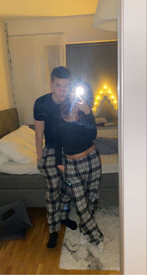 Matching Sweatpants Couple, Matching Halloween Pjs For Couples Aesthetic, Matching Pj Sets For Couples, Couple In Pjs, Couples In Matching Pajamas, Matching Pyjamas Couple Aesthetic, Pj Couple Pictures, Pjs Outfits Men, Matching Pjamamas Couples