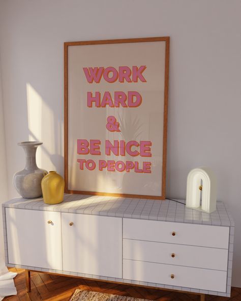 Work Hard & Be Nice To People, Large Wall Art, Inspirational Quotes, Pink Wall Art, Preppy Trendy, Office Decor, Poster Art PRODUCT DETAILS ► Frames shown in images are for example purposes only and are not included. ► The colors of the final print may vary slightly to the color you see on the screen due to the configuration of your computer. ► All of our designs are printed using a highly professional set up, with high-grade inks and high-density 250 GSM paper. ► Crisp, exhibition-quality artwo Office Decor At School, Trendy Office Wall Decor, Work Art Office, Pink Office Wall Decor, Pink Framed Wall Art, Fun Office Wall Art, Office Decor Pink And Gold, In Person Office Decor, Cool Office Artwork