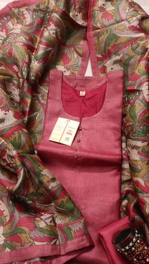 Luxury Katan Silk Churidar With Straight Kurta, Luxury Slub Silk Churidar With Straight Kurta, Tusser Silk Kurta Design, Luxury Tussar Silk Straight Kurta Dress, Kurta Designs Latest, Designer Fitted Tussar Silk Kurta, Dress Materials Indian, Latest Kurta Designs, Silk Kurti Designs