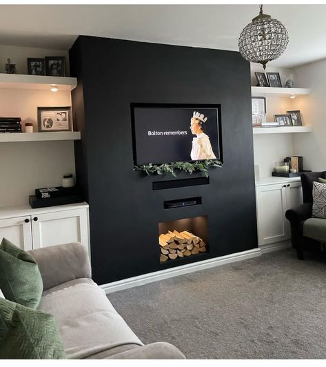 Black Media Wall Living Room, Dark Grey Media Wall, Navy Media Wall, Dark Media Wall, Fake Wall, Fake Walls, Media Walls, 2024 Living Room, Navy Living