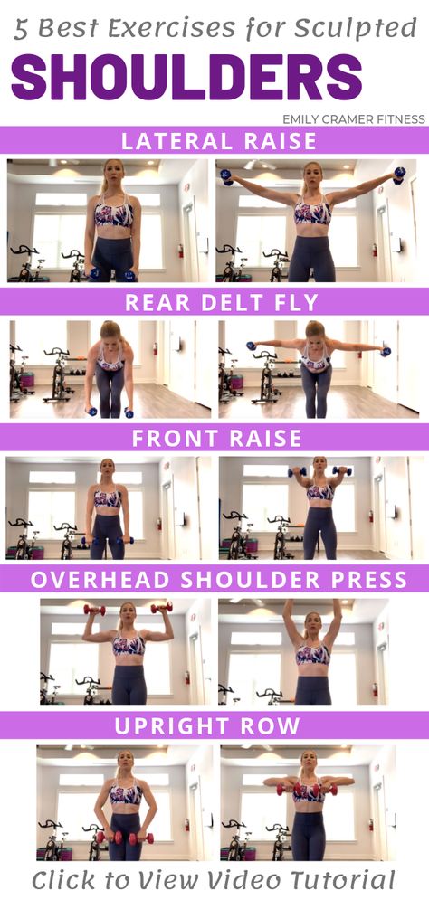 Add these 5 shoulder exercises to your workout for beautiful, sculpted delts. These can be done at the gym or at home. All you need is a pair of dumbbells. Click the pin to view the video tutorial and see how you can jack up the intensity of this workout with a drop set challenge. #shoulderworkout #dumbbellworkout #homeworkouts #gymworkouts #upperbodyworkout #emilycramerfitness Shoulder Workout Women, Song Workout, Shoulder Workout At Home, Shoulder Exercises, Full Body Workouts, Trening Fitness, Body Workout At Home, At Home Workout Plan, Body Fitness