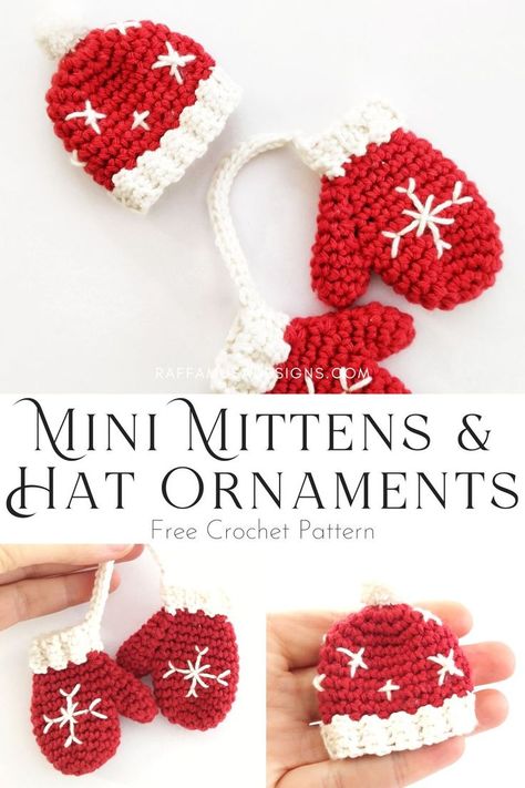 a collage of pictures showing the crocheted mini mittens and mini hat Christmas ornaments Mini Mittens Crochet, Crochet Mini Mittens Free Pattern, Crochet Mitten Ornament Pattern Free, Small Crochet Ornaments, Crochet Mini Christmas Ornaments, Crochet Christmas Ornaments Free Pattern Simple, Small Christmas Crochet, Christmas Gloves, Xmas Crochet