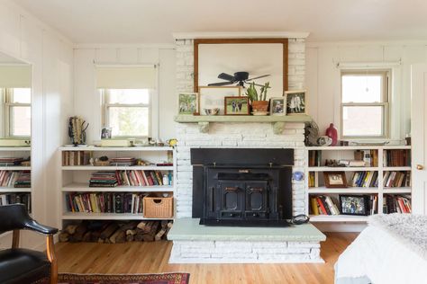 House Tour: A Modernized 1950s Nashville Bungalow | Apartment Therapy Fireplace Books, Basement Den, Built In Around Fireplace, East Nashville, Expensive Furniture, New Orleans Homes, Bungalow House, Book Shelves, Big Project