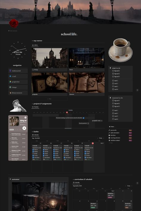 dark academia themed notion template for school! free download available #university #darkacademia #digitalplanner #schoolorganiser #notion #notiontemplate #darkacademianotion Dark Academia University, School Planner Template, University Planner, Dark Academia School, To Do App, Life Planner Organization, Study Apps, School Template, Notion Templates