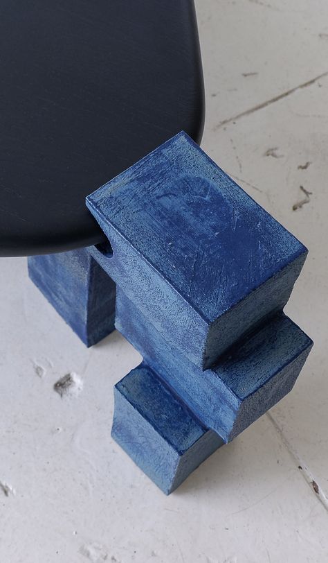 Ceramic table with three stacked brick form legs, and rounded organic triangle shaped wood tabletop. Choice of satin 'anthracite' black (pictured), translucent 'stone' matte white, washy 'lapis' blue (pictured), crackle terra sigillata 'terrasig' white, matte 'ivy' green or matte 'chestnut' brown finish. Choice of natural or ebonized oak. Tabletop 15” tall, 35" by 46" surface. Ceramic legs each 16" tall, 14" deep. Handmade by Danny Kaplan in New York. Please note that this table is made to order Seafoam Green Furniture, Green Wood Table, Organic Shape Furniture, Interior Detail Photography, Stone Furniture Design, Pottery Furniture, Brick Table, Danny Kaplan, Stacked Brick