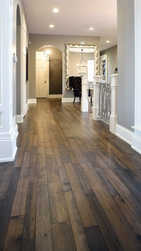 Farmhouse Lvp Flooring Ideas, Wood Floor House Interior Design, Rustic Living Room Flooring, Industrial Farmhouse Flooring, Vinyl Planks, Vynil Wood Flooring, Western Flooring Ideas, Darker Wood Floors, Dark Wood Flooring Ideas