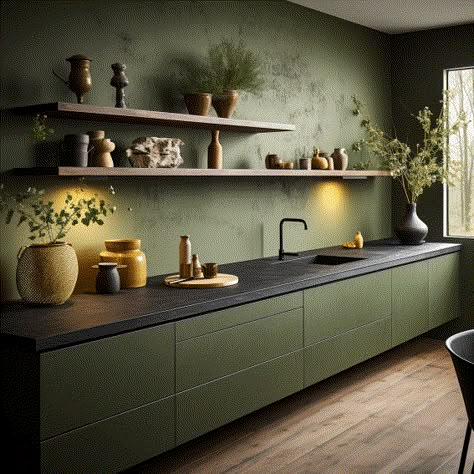 Olive Green Kitchen Cabinets, Green Kitchen Aesthetic, Light Green Kitchen, Olive Kitchen, Olive Green Kitchen, Green Kitchen Walls, Green Kitchen Designs, Dark Green Kitchen, Sage Green Kitchen