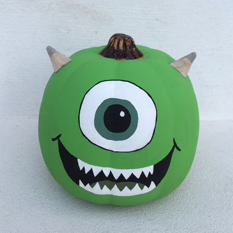 Mike Wazowski inspired hand painted pumpkin. Mike Wazowski Pumpkin Painting, Mike Wazowski Pumpkin, Pumpkin Inspo, Decorate Pumpkins, Painting Themes, Pumpkin Painted, Creative Pumpkin Painting, Hand Painted Pumpkin, Pumpkin Carving Ideas