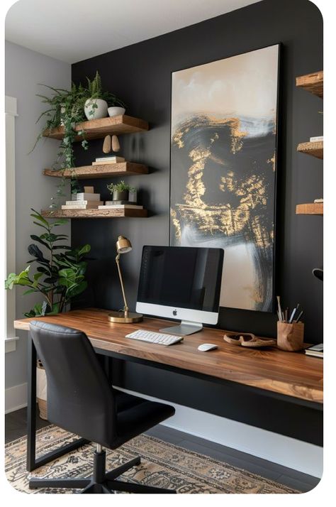 Black Interior Design Office, Black And Gold Office Interior Design, Desk Dual Monitor Office Ideas, Dark Maximalism Office, Office With Grey Floors, Accent Wall Home Gym, Study Game Room, Home Office Light Fixture Ideas, Modern Farmhouse Office Space