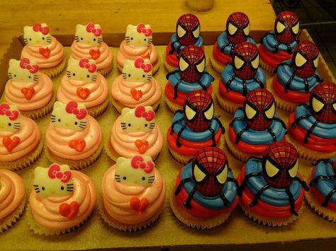 Spider Man And Hello Kitty Birthday Party, Spider Man And Hello Kitty Birthday, Spiderman And Hello Kitty Birthday Party, Spider Man Hello Kitty Cake, Hello Kitty And Spiderman Birthday, Birthday Ideas Hello Kitty, Spider-man Cupcakes, Kitty Y Spiderman, Spider Man And Hello Kitty