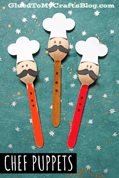 Kids Fathers Day Crafts, Puppet Tutorial, Cooking Theme, Spoon Craft, Kids Handicraft, Kindergarten Classroom Decor, Puppet Crafts, Hand Crafts For Kids, Kid Craft