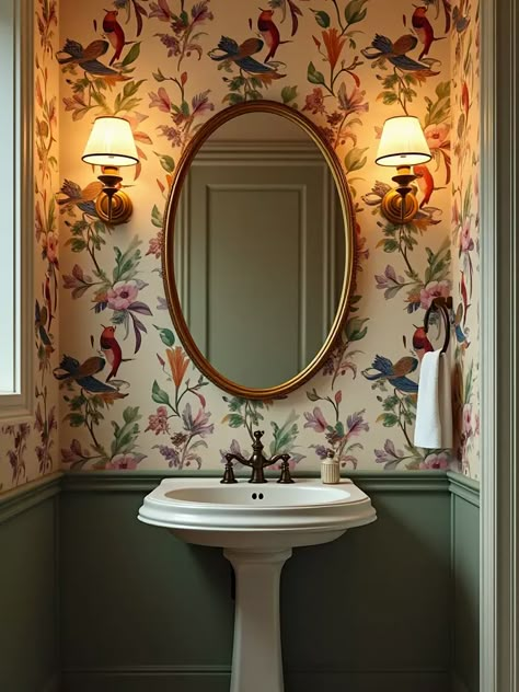 Bathroom Wallpaper One Wall, Mural Wallpaper Vintage Bathroom, French Wallpaper Bathroom, Wallpaper In House Interior Design, Bathroom With Chair Rail And Wallpaper, Powder Room With Beadboard Walls, Bathroom With Wallpaper Ceiling, Paneling And Wallpaper Bathroom, Art Nouveau Powder Room